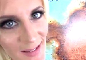 Smoldering blonde kissing cock before taking it deep